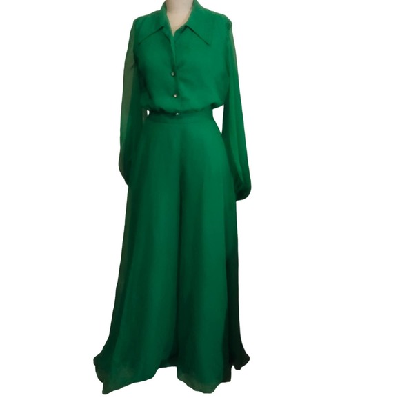 Lilli Diamond Green Chiffon Top and Palazzo Pant 2 Pc Outfit Set Vintage S - Picture 3 of 13